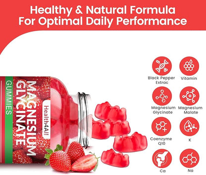 Magnesium Glycinate Gummies 1000mg, High Absorption Sugar Free Magnesium Potassium Supplement for Relaxation, Stress Relief, and Sleep Support for Adults & Kids - 90 Strawberry Gummies