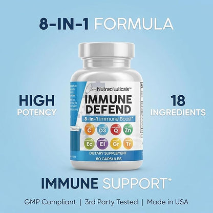 Clean Nutraceuticals Immune Defense Support Supplement 8 in 1 with Zinc 50mg Quercetin, VIT C 1000mg, Vitamin D3 5000 IU, Elderberry, Ginger - Immunity System Booster for Adults, Vegan - 60 Count