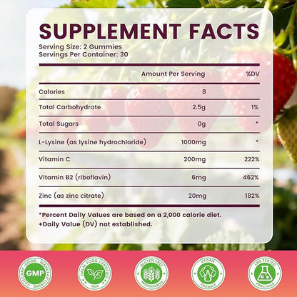 L-Lysine Gummies 1000 mg for Kids and Adults, L-Lysine Supplements with Vitamin C, B2 for Lips & Oral Health, Immune Support & Collagen & Calcium- Vegan, Non GMO, Strawberry Flavor, 120 Count