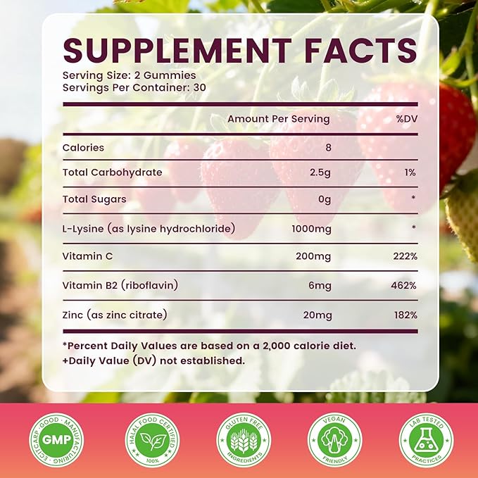 L-Lysine Gummies 1000 mg for Kids and Adults, L-Lysine Supplements with Vitamin C, B2 for Lips & Oral Health, Immune Support & Collagen & Calcium- Vegan, Non GMO, Strawberry Flavor, 60 Count