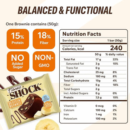 Fitness SHOCK Banana Protein Brownie - No Added Sugar, 7.5g Protein, Low Carb Guilt-Free Dessert - 0g Added Sugar, 10g Net Carbs, 5g Fiber, Non-GMO, Almond Flour - 10 x 50g