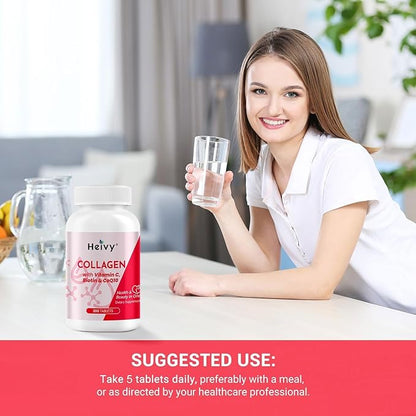 Heivy Natural Collagen 5000 mg with Vitamin C, Biotin and CoQ10,Hydrolyzed Collagen Peptides Supportment for Women & Men, Multi Collagen Pill for Hair, Skin, Nails, Joint, Grass Fed, 300 Tablets
