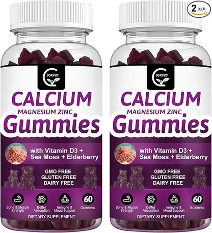 Calcium Magnesium Zinc Gummies with High Absorption Magnesium Glycinate 300mg, Potassium - Plant Complex Calcium Magnesium 2:1 Ratio, with D3 Sea Moss for Bone, Immune & Sleep Support, Vegan-2 Pack
