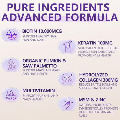 Hair Skin and Nails Gummies - Hair Growth Multivitamin Biotin Gummies with Collagen and Keratin for Women Vegan Sugar Free Strawberry Flavor 120 Count