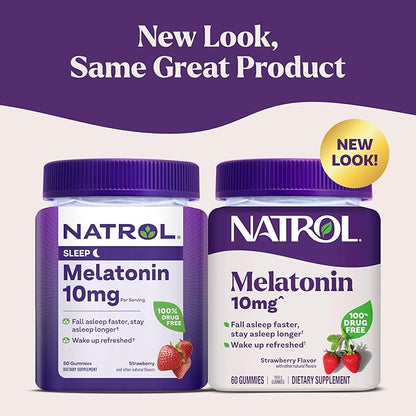 Natrol 10mg Melatonin Gummies, Sleep Support for Adults, Melatonin Supplements for Sleeping, 60 Strawberry-Flavored Gummies, 30 Day Supply