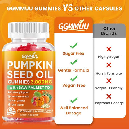 2 Pack Pumpkin Seed Oil Gummies with Saw Palmetto, 3000mg Per Serving Pumpkin Seed Oil Supplement for Hair Growth, Skin Health, High Pure Extract for Women & Men, Raspberry Flavor, 120 Count