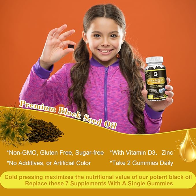 Black Seed Oil Gummies with Ashwagandha & Irish Sea Moss & Elderberry – Immune Support Supplement with Vitamin C, D3, Zinc, Nigella Sativa Black Cumin Gummy for Hair Growth & Joint Health - 60 Vegan
