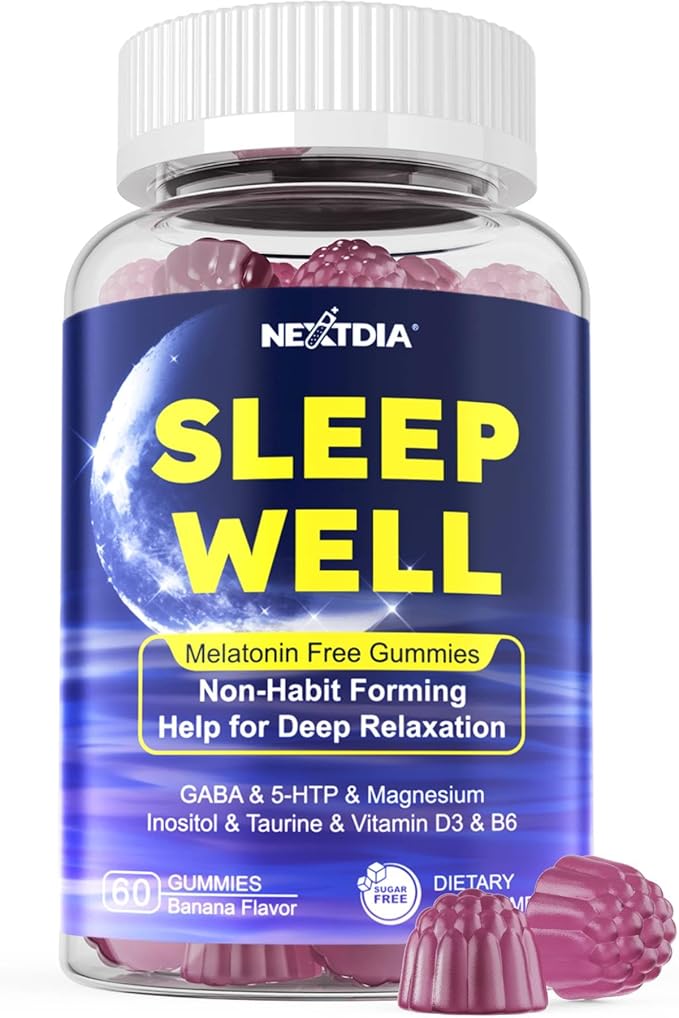 Nextdia Melatonin Free Sleep Gummies, with Magnesium Glycinate, GABA, 5-HTP, L-Theanine, Valerian, Chamomile, Lemon Balm, Vitamin D3 & B6 - Hormone & Drug- Free, Non-Habit Forming,Sugar Free