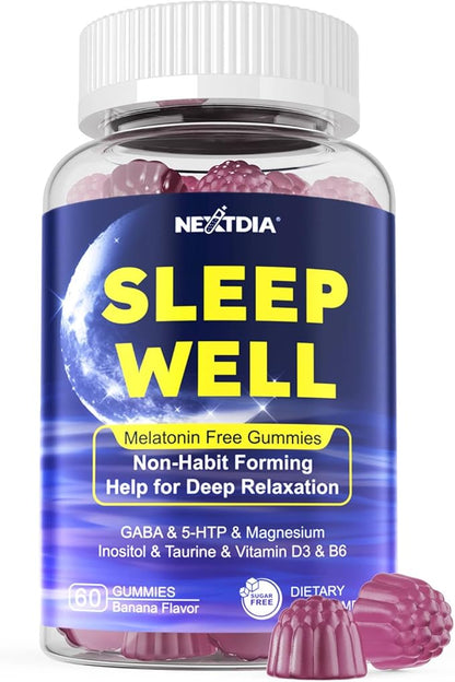 Nextdia Melatonin Free Sleep Gummies, with Magnesium Glycinate, GABA, 5-HTP, L-Theanine, Valerian, Chamomile, Lemon Balm, Vitamin D3 & B6 - Hormone & Drug- Free, Non-Habit Forming,Sugar Free