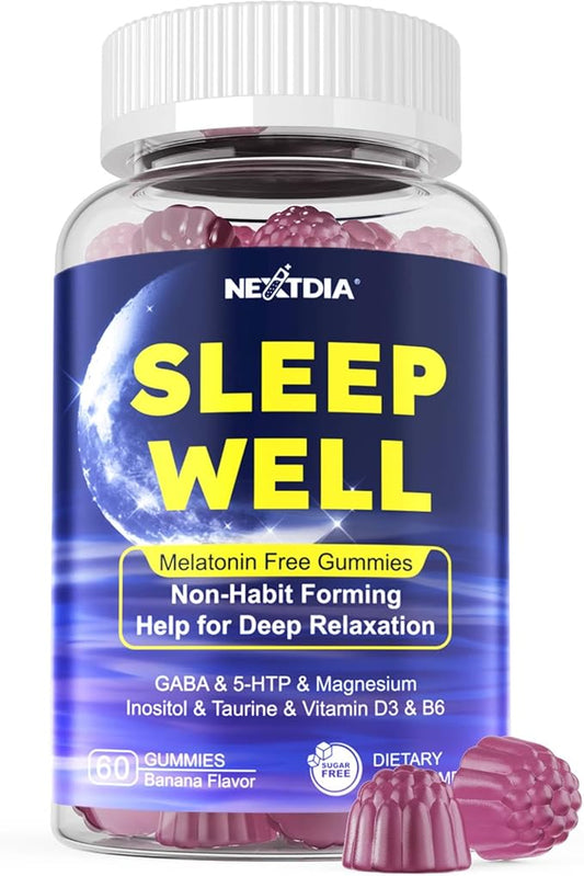 Nextdia Melatonin Free Sleep Gummies, with Magnesium Glycinate, GABA, 5-HTP, L-Theanine, Valerian, Chamomile, Lemon Balm, Vitamin D3 & B6 - Hormone & Drug- Free, Non-Habit Forming,Sugar Free
