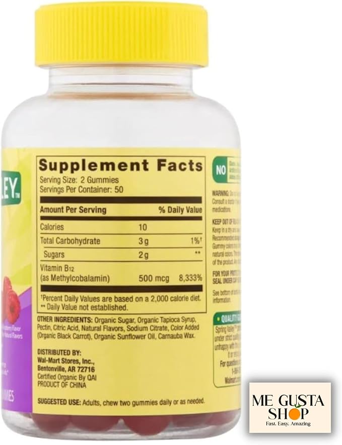 B12 500 mcg Spring Vallley Raspberry Flavor Gummy Vitamin B12 Gummies 100 ct (Pack of 1) + me Gusta Sticker