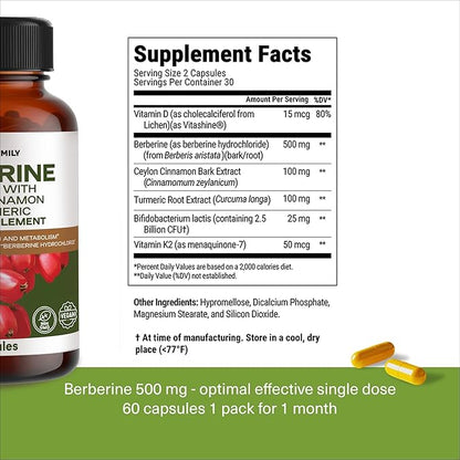 WONDER FAMILY Berberine 500 mg GLP-1 Weight Loss Supplement – Berberine HCl with Ceylon Cinnamon, Probiotics, Vitamin D3 & K2 – Glucose Metabolism & Appetite Support – 3 Pack - 180 Capsules