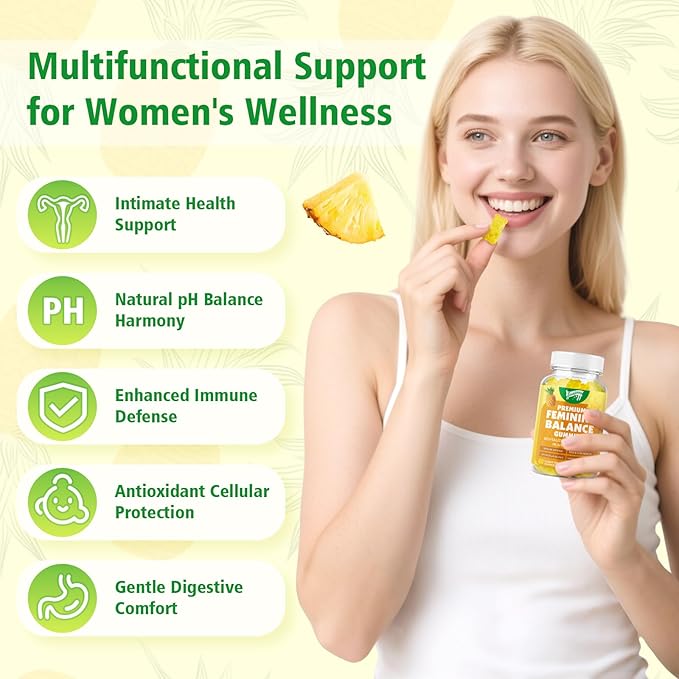 Premium Feminine Balance Gummies for Women's Immune Health, Hawaiian Pineapple Gummies Support pH Balance & Immune Support, Vegan, Gluten-Free, 120 Count ﻿