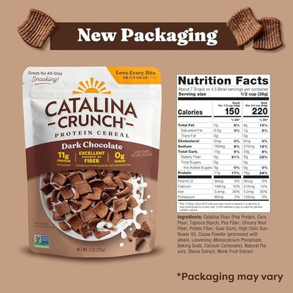Catalina Crunch Protein Cereal - Sugar Free Breakfast Cereal with 11g of Protein - Gluten Free - Dark Chocolate - 9 oz. Bag (Pack of 1) (Packaging May Vary)
