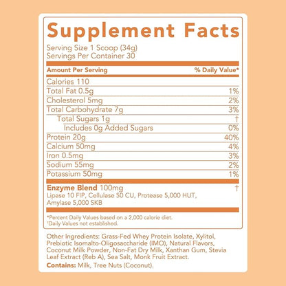 Clean Simple Eats Whey Protein Powder, Coconut Cream Flavor Naturally Sweetened, 100% Grass Fed Protein Powder with Digestive Enzymes & No Artificial Ingredients, Gluten Free, 30 Servings