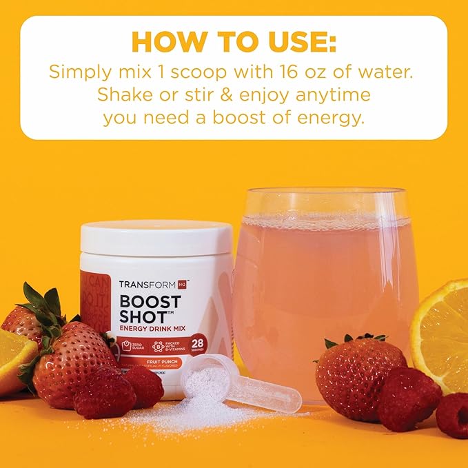 TransformHQ Energy & Focus Powder (Peach Mango) - Boost Shot Clean Energy Drink Mix - Sugar Free - Non-GMO, Gluten-Free - 28 Servings