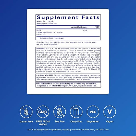 Pure Encapsulations DHEA 10 mg - Adrenal Supplement for Immune Support, Metabolism & Hormone Balance - with Micronized DHEA - 180 Capsules