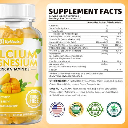 Calcium Magnesium Zinc with Vitamin D3 Supplement, Sugar Free Calcium Gummies for Women Men, High Absorption Zinc Gummies for Bone & Muscle & Immune Health, Vegan Mango Flavor - 60 Count