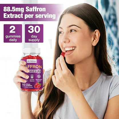 Saffron Gummies (88.5 mg) with Magnesium — Enhanced with St. John’s Wort, Rhodiola, Ashwagandha & Vitamins B6, B12, D3 for Mood & Focus Support — 120 Count