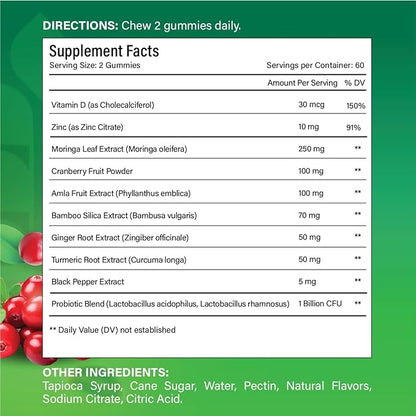 120 Moringa Gummies with Ginger, Turmeric, Cranberry, Amla Fruit & Probiotics | Vegan, Sugar-Free Gummies