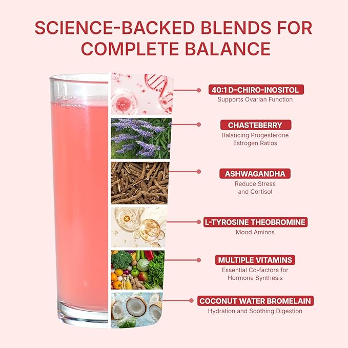Hormone Balance for Women, Myo & D-Chiro Inositol Powder with Folate & Amino Acid & Ashwagandha - Ovarian Support, Mood Regulation & PMS Relief, Raspberry Lemon, 15 Servings