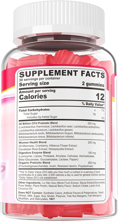 Vaginal Probiotics Gummies for Women PH Balance, Odor Control with Prebiotics, Cranberry, D-Mannose, Promotes Feminine Healthy Vaginal Flora, Urinary Tract, Yeast, Digestive Support, Sugar Free,120Cts