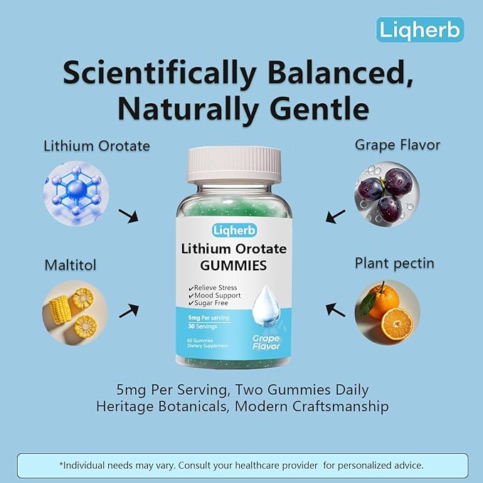Lithium Orotate 5mg Gummies for Mood Support & Stress Management - Vegan Sugar-Free, Non-GMO, Gluten Free, Grape Flavor, 60