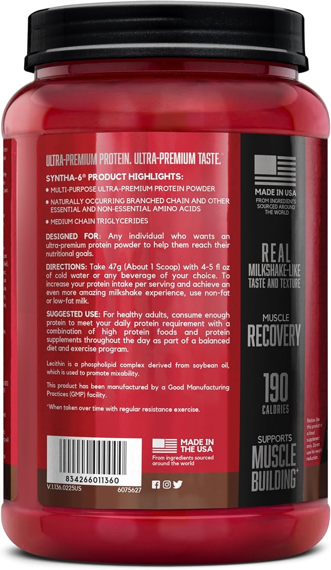 BSN SYNTHA-6 Premium Protein Powder with 6g of Fiber, Whey Isolate, Micellar Casein, Milk Protein Isolate, 5g of Fat, Chocolate Milkshake, 14 Servings, 1.45 Pound (Packaging May Vary)