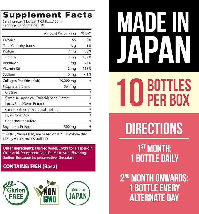 AFC Japan Tsubaki Ageless Liquid Collagen Drink for Women | 10,000mg Marine Collagen Peptides, 500mg Royal Jelly, Hyaluronic Acid | Supports Skin Hydration & Elasticity 1.69 fl.oz x 10 Bottles (3Pack)
