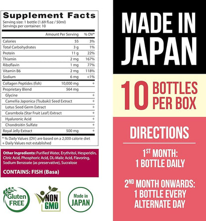 AFC Japan Tsubaki Ageless Liquid Collagen Drink for Women | 10,000mg Marine Collagen Peptides, 500mg Royal Jelly, Hyaluronic Acid | Supports Skin Hydration & Elasticity 1.69 fl.oz x 10 Bottles (3Pack)