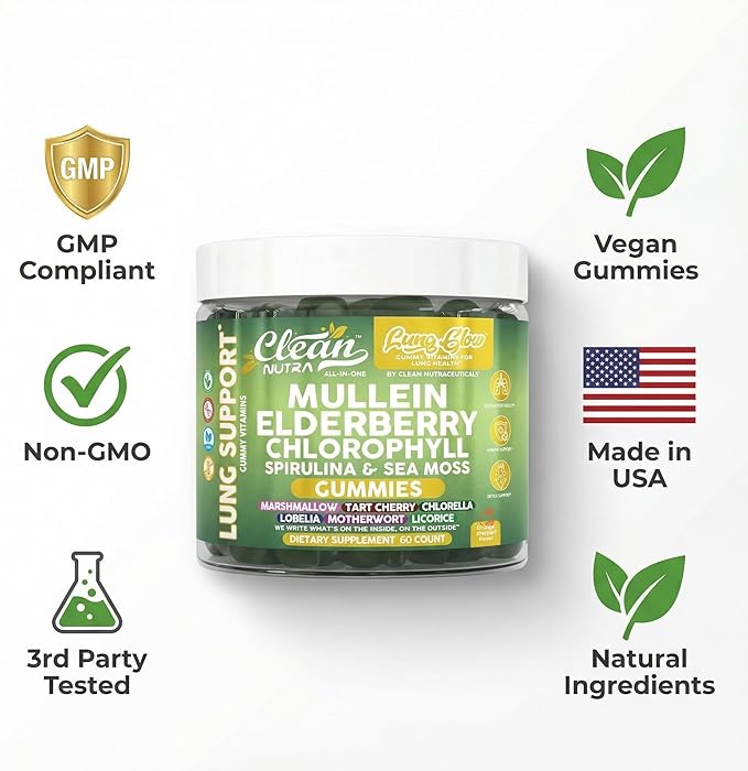 Clean Nutra Mullein Gummies for Lung Health Support with Elderberry Chlorophyll Spirulina Tart Cherry Sea Moss Vitamin C Lutein Marshmallow Root Licorice Root Superfood Greens Mucus Relief 60 Gummies
