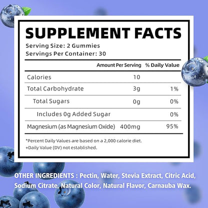 Magnesium Oxide Gummies 400mg, Sugar Free Magnesium Oxide Supplement for Adults & Kids, Muscle Support & Energy Boost, Non GMO, Blueberry Flavor 60 Count