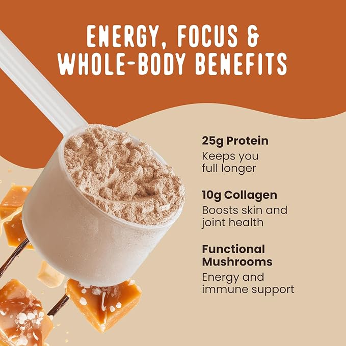 FlavCity All in One Protein Shake Powder, Salted Caramel - On the Go Meal Alternative + Collagen Peptides, Reishi & Cordyceps - Focus, Skin, Hair & Joint Support - 100% Grass Fed Whey, 20 Servings