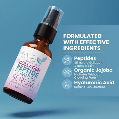 Eva Naturals Multi Peptide Face Serum – Anti Aging Collagen Peptides for Plump & Firm Skin Elasticity, Wrinkle & Fine Line Renewal, Fragrance Free Firming Facial Skincare - 1 oz
