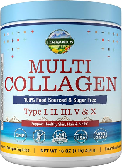 Terranics Multi Collagen Peptides Powder, Type I II III V X Hydrolyzed Collagen for Women+Men, Collagen Supplements, Fast Dissolve, Unflavored Colageno, No Sugar, Keto, 16oz