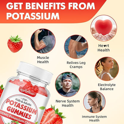 softbear Potassium Gummies for Adults, Sugar Free Potassium Chloride Gummies 1200mg Support Leg Cramps & Electrolyte Balance High Potency Potassium Supplement, Strawberry Flavor 120 Count