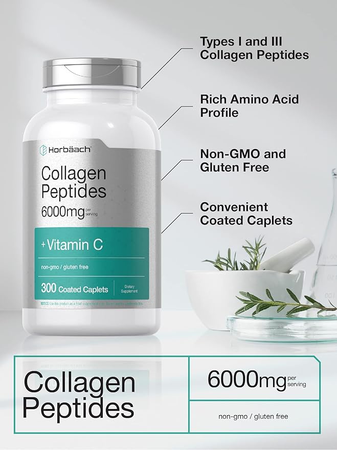 Horbäach Collagen Peptides 6000mg | 300 Caplet Pills | with Vitamin C | Hydrolyzed Collagen Supplement | Non-GMO, Gluten Free