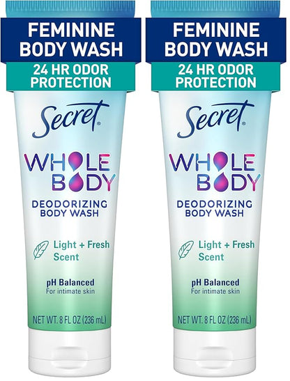 Secret Feminine Wash, 24 HR Deodorizing Feminine Body Wash for Women, Removes 6x Causes of Odor, PH Balanced, Safe to Use Everywhere, Light & Fresh, 8.0 oz, (Pack of 2)