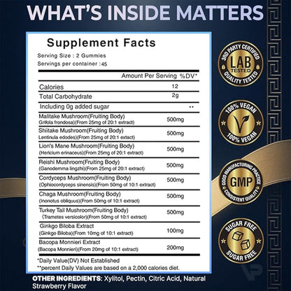 9-In-1 Nootropic Mushroom Gummies | With Lion's Mane, Reishi, Chaga, & More | Enhanced with Bacopa Monnieri & Gingko Biloba | For Focus & Memory | 90 Ct | Sugar Free & Vegan | for Men and Women