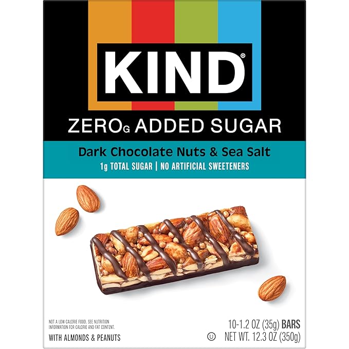 Kind Zero Added Sugar Healthy Snacks Bars, Dark Chocolate Nuts & Sea Salt, Gluten Free, High Fiber, Keto Snacks, 5g Protein, 10 Count