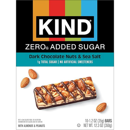 Kind Zero Added Sugar Healthy Snacks Bars, Dark Chocolate Nuts & Sea Salt, Gluten Free, High Fiber, Keto Snacks, 5g Protein, 10 Count