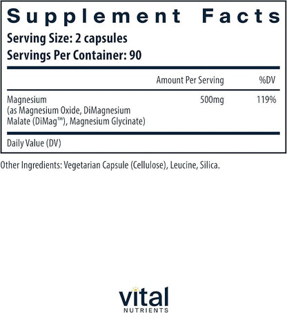 Vital Nutrients Triple Magnesium Complex Supplement - Vegan Magnesium Glycinate, Malate & Oxide 250mg - Easily Absorbed Magnesium Supplement for Stress, Muscle, Heart, Bone Support - 180 Capsules