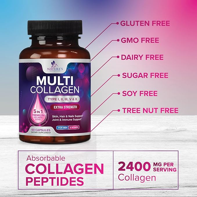 Multi Collagen Pills 2400 mg Per Serving - Advanced Types I, II, III, V, X - Hydrolyzed Multi Collagen Peptides Pills Supplement for Women & Men - Hair, Skin, & Nail Support Supplements - 60 Capsules