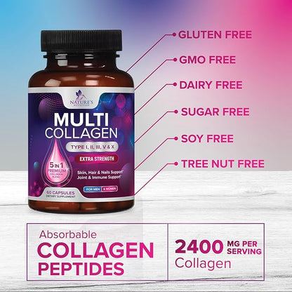 Multi Collagen Pills 2400 mg Per Serving - Advanced Types I, II, III, V, X - Hydrolyzed Multi Collagen Peptides Pills Supplement for Women & Men - Hair, Skin, & Nail Support Supplements - 60 Capsules
