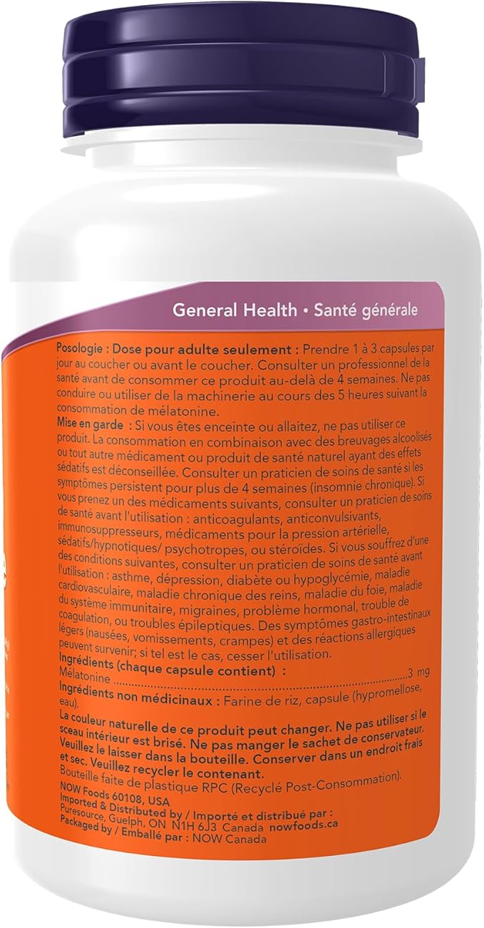 NOW Foods Supplements, Melatonin 3 mg, Free Radical Scavenger*, Healthy Sleep Cycle*, 180 Veg Capsules