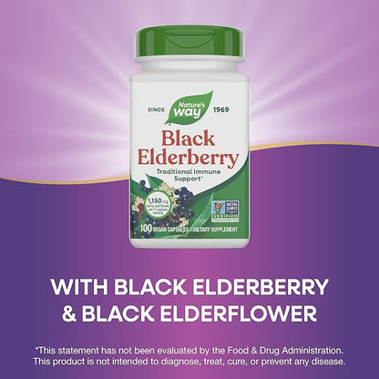 Nature's Way Black Elderberry Capsules, Traditional Immune Support* Supplement with Elderberry and Elderflower, Plant Powered, 100 Capsules (Packaging May Vary)
