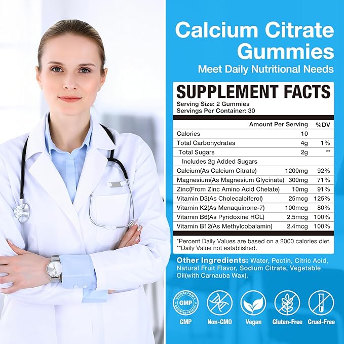 Calcium Citrate Magnesium Zinc Gummies, Calcium 1200 mg with Vitamin D3, B6, K2,B12 for Bone, Muscle, Immune Ultimate Absorption Calcium Supplement for Women and Men 60 Counts