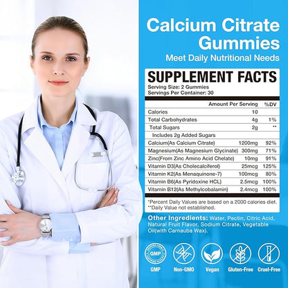 Calcium Citrate Magnesium Zinc Gummies, Calcium 1200 mg with Vitamin D3, B6, K2,B12 for Bone, Muscle, Immune Ultimate Absorption Calcium Supplement for Women and Men 60 Counts