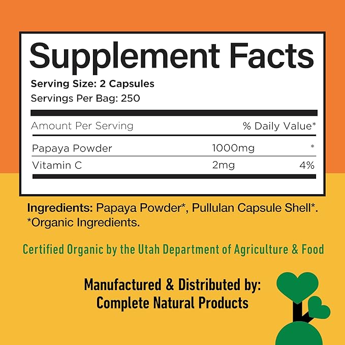 Complete Natural Products Papaya Enzyme Capsules 500mg - Organic Enzymes for Digestion with Papain, Vegan Non GMO Herbal Supplement Made USA, Fast Absorbing Digestive Support - 500 Capsules