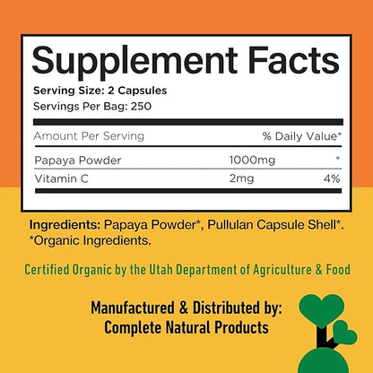 Complete Natural Products Papaya Enzyme Capsules 500mg - Organic Enzymes for Digestion with Papain, Vegan Non GMO Herbal Supplement Made USA, Fast Absorbing Digestive Support - 500 Capsules